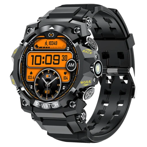 Close-up of the Vantrek X1 rugged smartwatch with orange display, armored case, side flashlight and black silicone strap