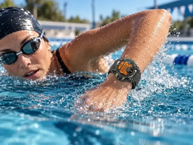 Vantrek X1 waterproof smartwatch worn while swimming in a pool